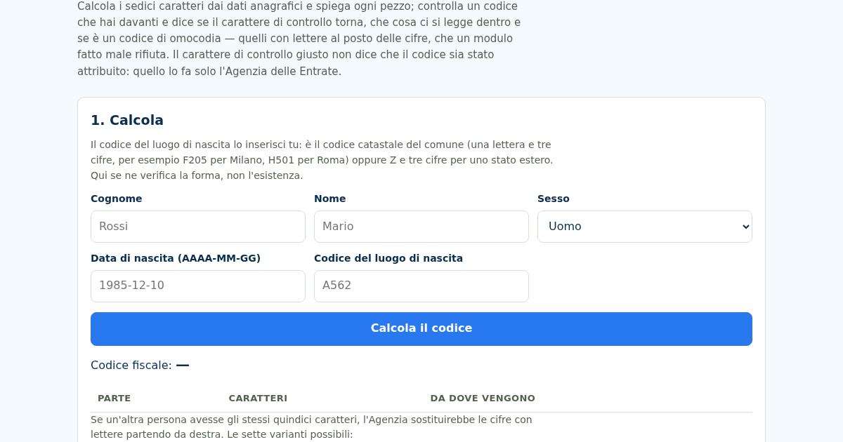Codice Fiscale: calcolo, controllo e omocodia